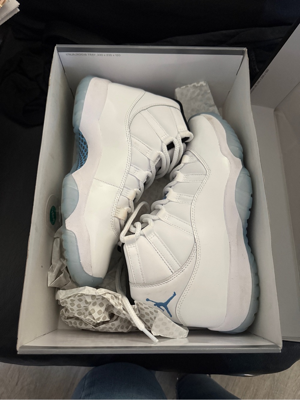 Jordan White and Light Blue Retro 11 Sneakers, women 9
